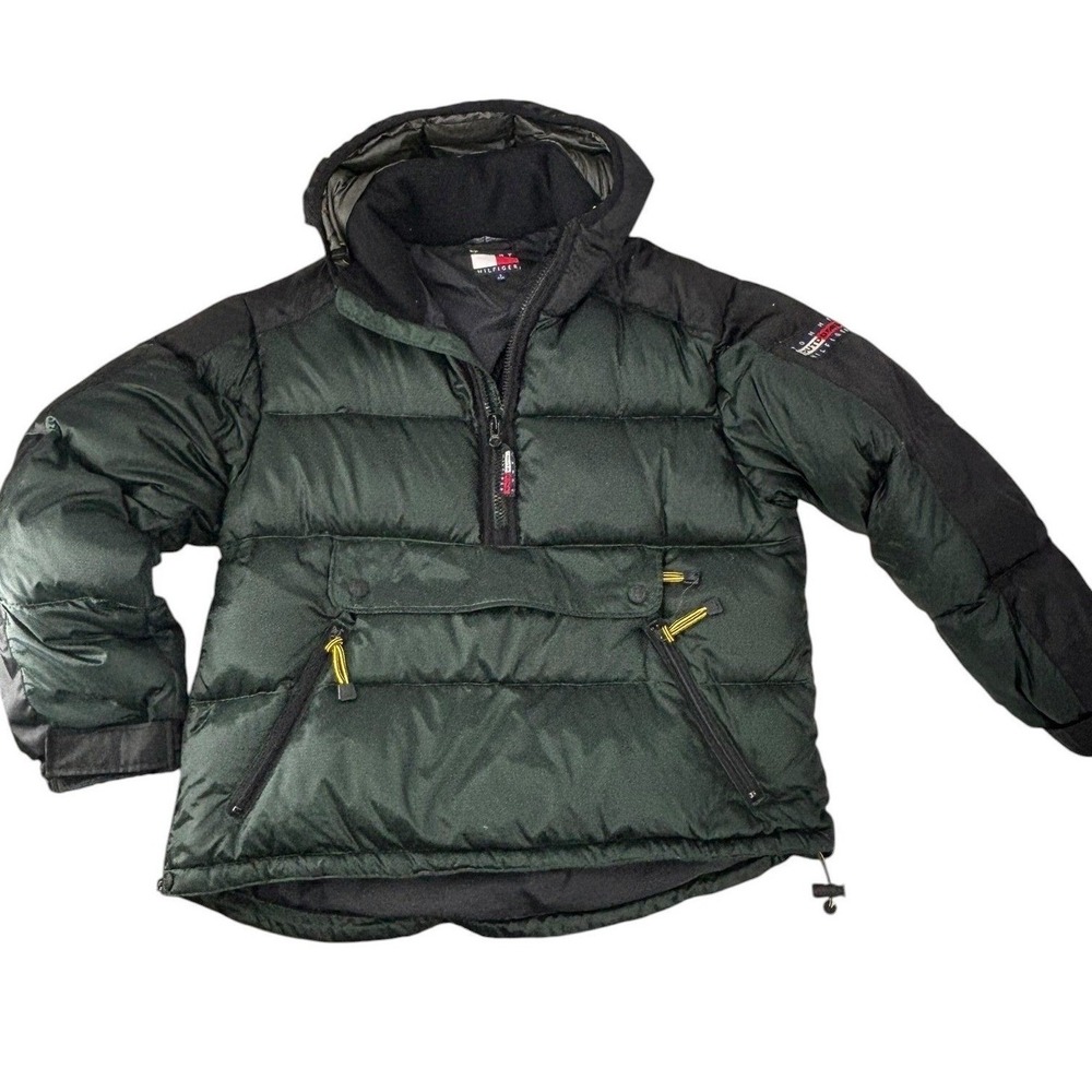 Tommy Hilfiger Down Puffer Anorak Mens L Green Vintage Expedition Half Zip Coat